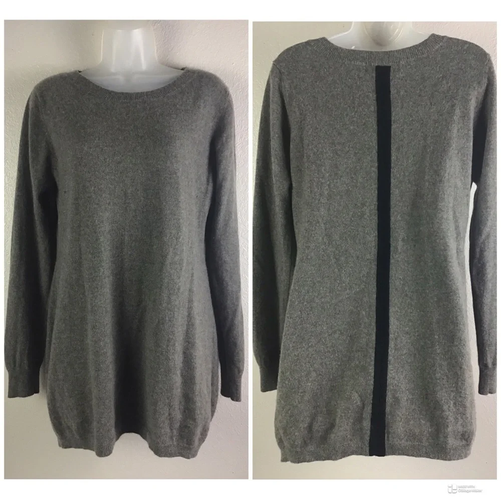 Ply Cashmere Women’s XL Crew Neck Gray Tunic Sweater Black Stripe on Back - Picture 8 of 10